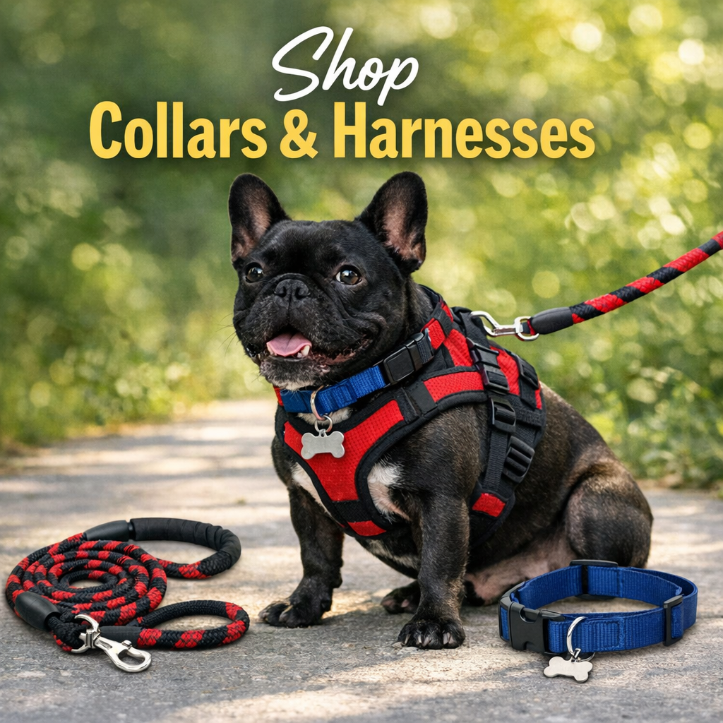 French Bulldog wearing a red and black harness with a blue collar, sitting on a path with leash and accessories.