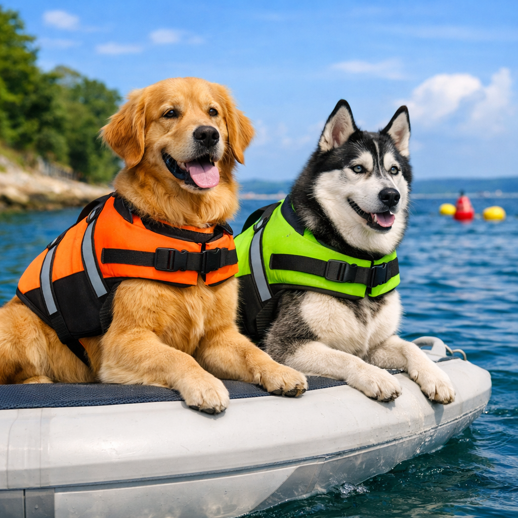 Two dogs wearing bright safety life jackets while sitting on a boat; a Golden Retriever in an orange vest and a Husky in a green vest.
