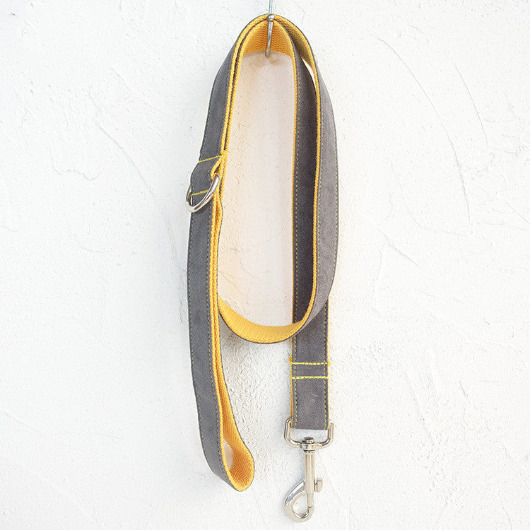 Gray and yellow dog leash with a clip on a white background