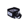 Pet carrier with a black and gray design on a white background