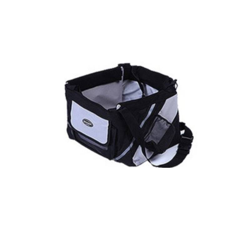 Pet carrier with a black and gray design on a white background