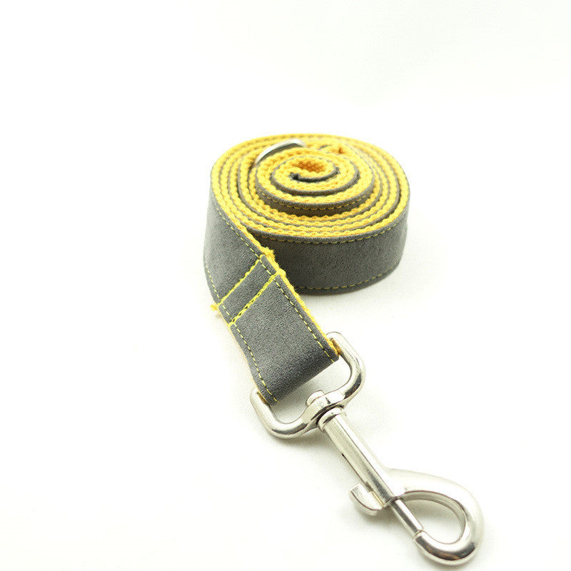 Gray and yellow dog leash with metal clip on a white background
