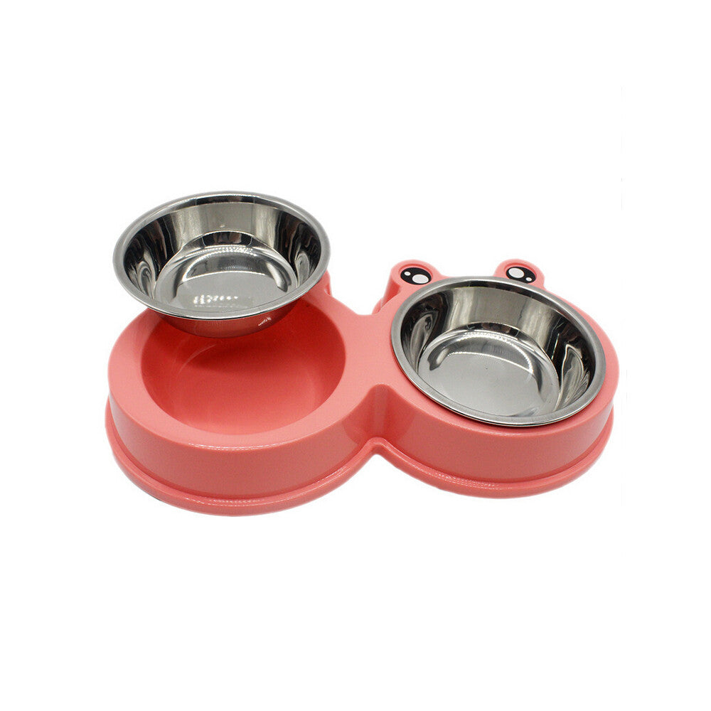 Pet bowl set with two stainless steel bowls on a pink base against a white background