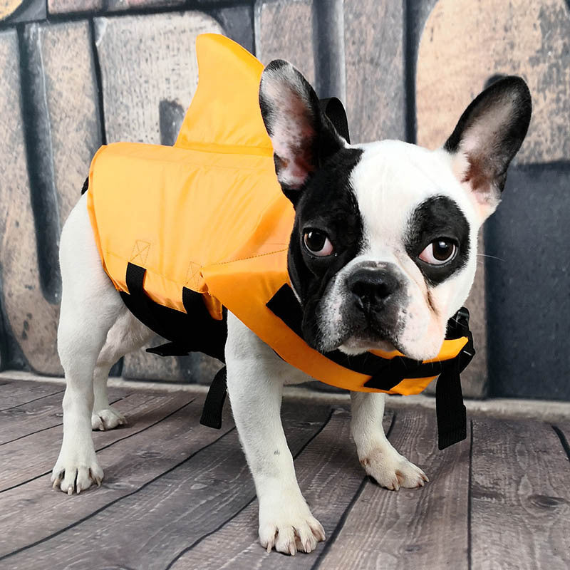 Front view of dog shark life jacket in  orange
