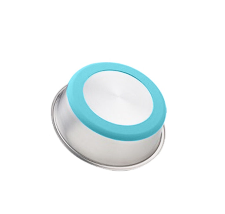 Metallic container with a blue lid on a white background
