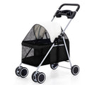 Pet stroller with a black mesh cover on a white background