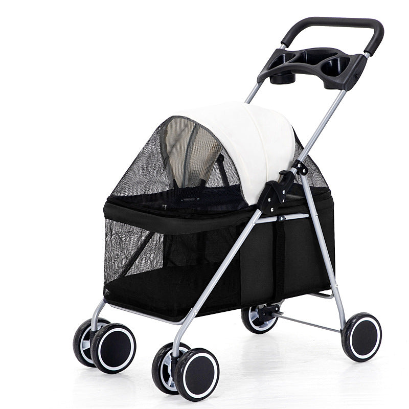 Pet stroller with a black mesh cover on a white background