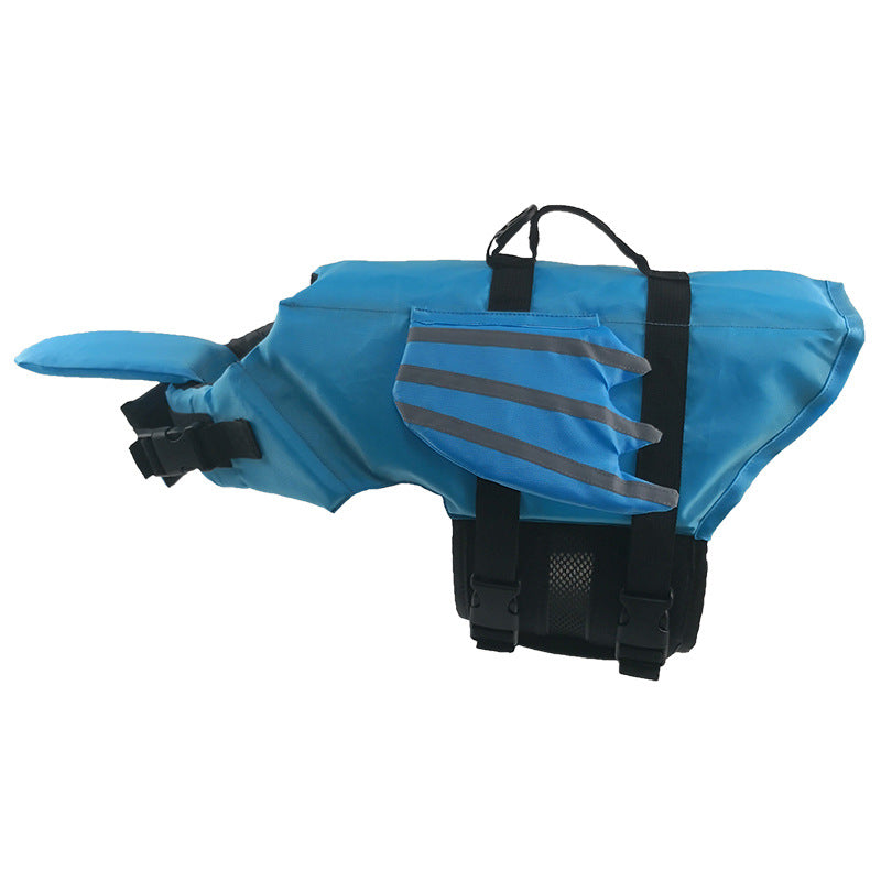 Blue dog life jacket with reflective stripes on a white background