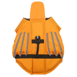 Orange life jacket with reflective stripes on a white background
