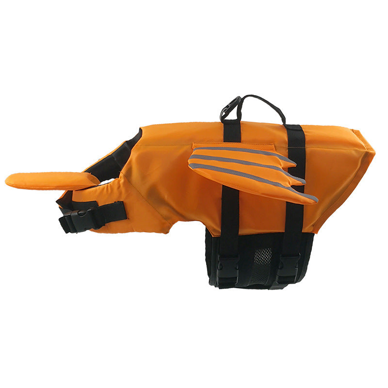 Orange dog life jacket with black straps on a white background