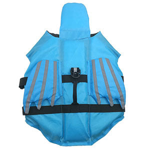 Blue dog life jacket with reflective stripes on a white background