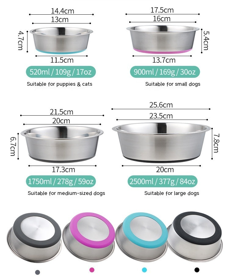 Set of stainless steel dog bowls with measurements for different sizes.
