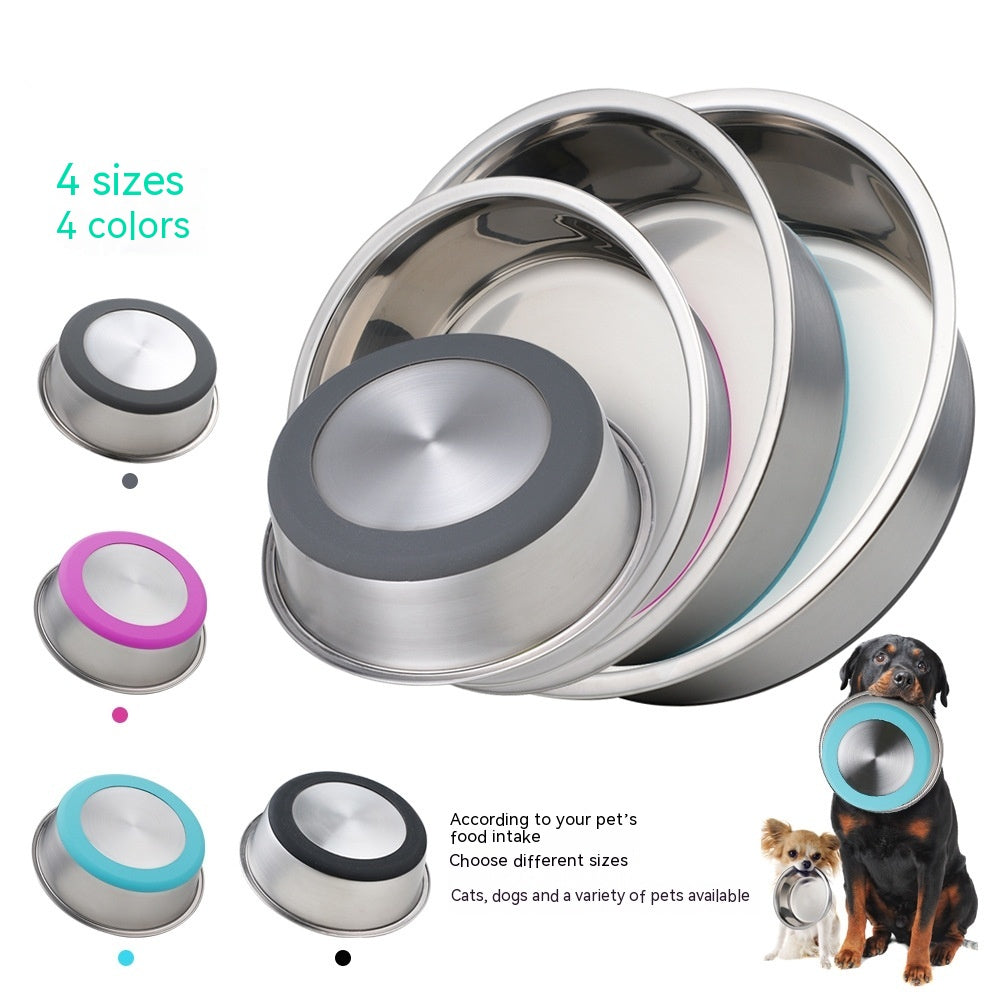 Stainless steel pet bowls with various sizes and colors, shown with a dog and cat illustration.