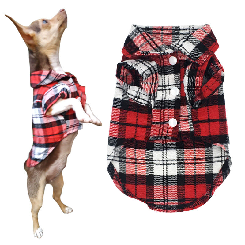 Red and black plaid dog shirt on a white background