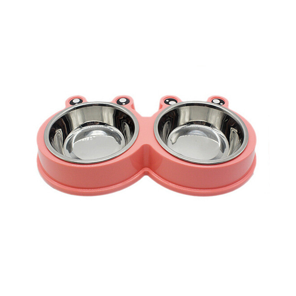 Pink double pet bowl with stainless steel bowls on a white background