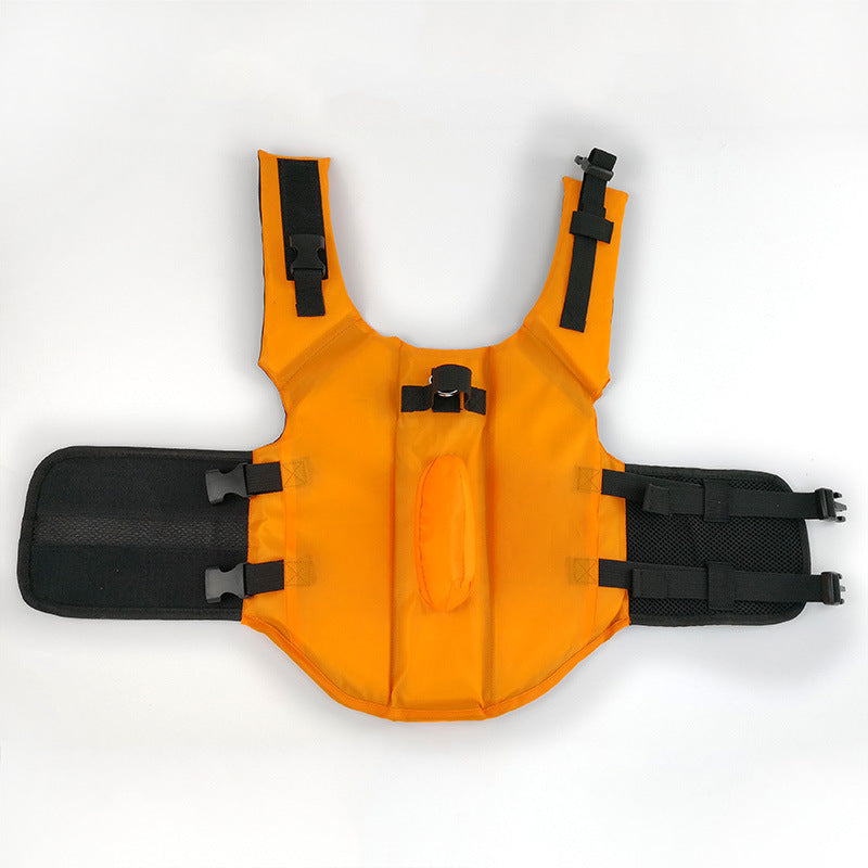 Dog life jacket in orange colour option opened up and laid out on white background