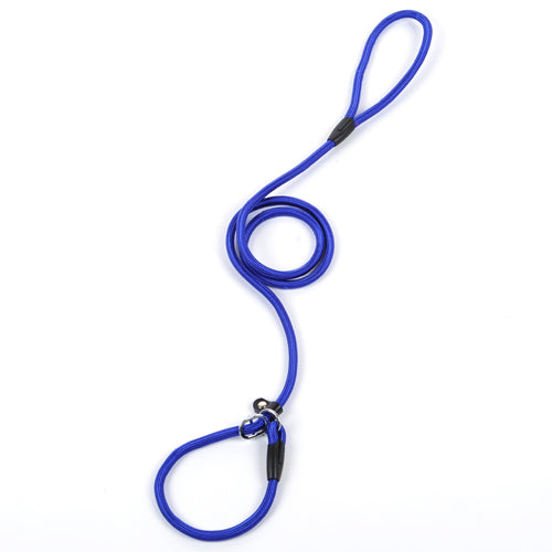 Blue dog leash with black clips on a white background