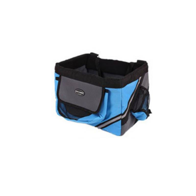 Blue and black storage bin on a white background