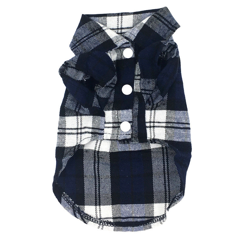 Navy and white plaid dog coat with buttons on a white background
