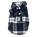 Navy and white plaid dog coat with buttons on a white background