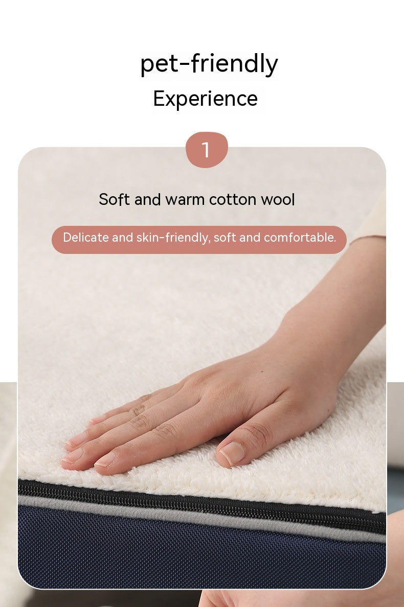 Hand touching a soft and warm cotton wool product with text indicating pet-friendly experience.