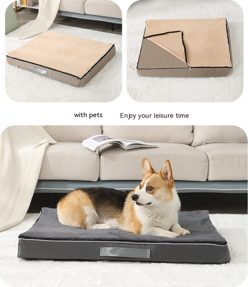 Dog bed with a dog on it, shown with and without pets, and text 'with pets' and 'Enjoy your leisure time'.