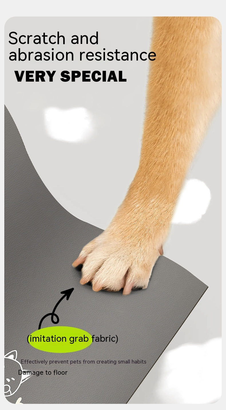 Dog paw on a gray surface with text about scratch and abrasion resistance.