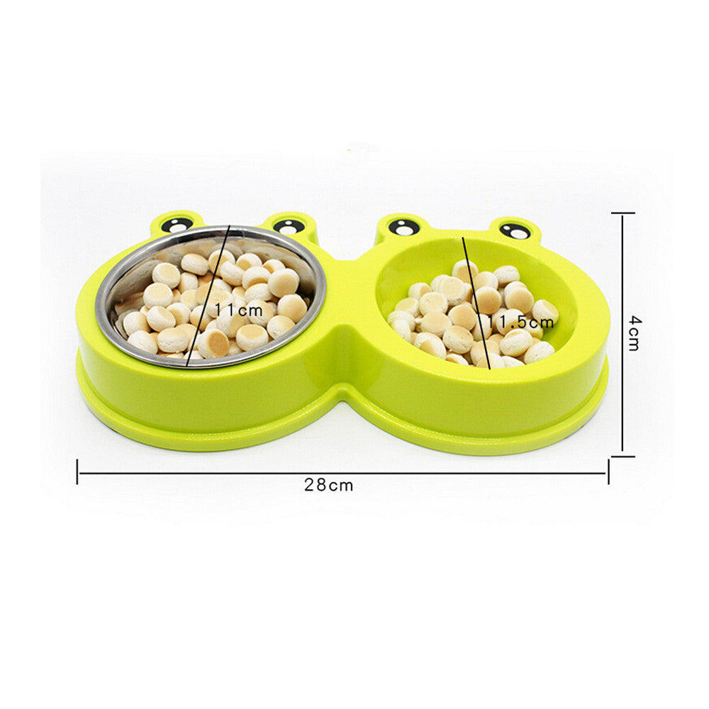 Green double-bowled pet feeder with measurements on a white background