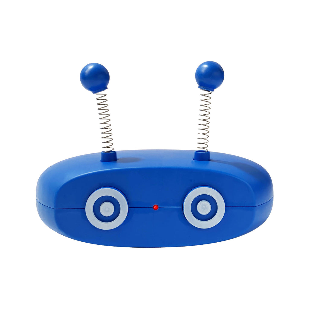 Blue toy with spring-loaded eyes on a white background