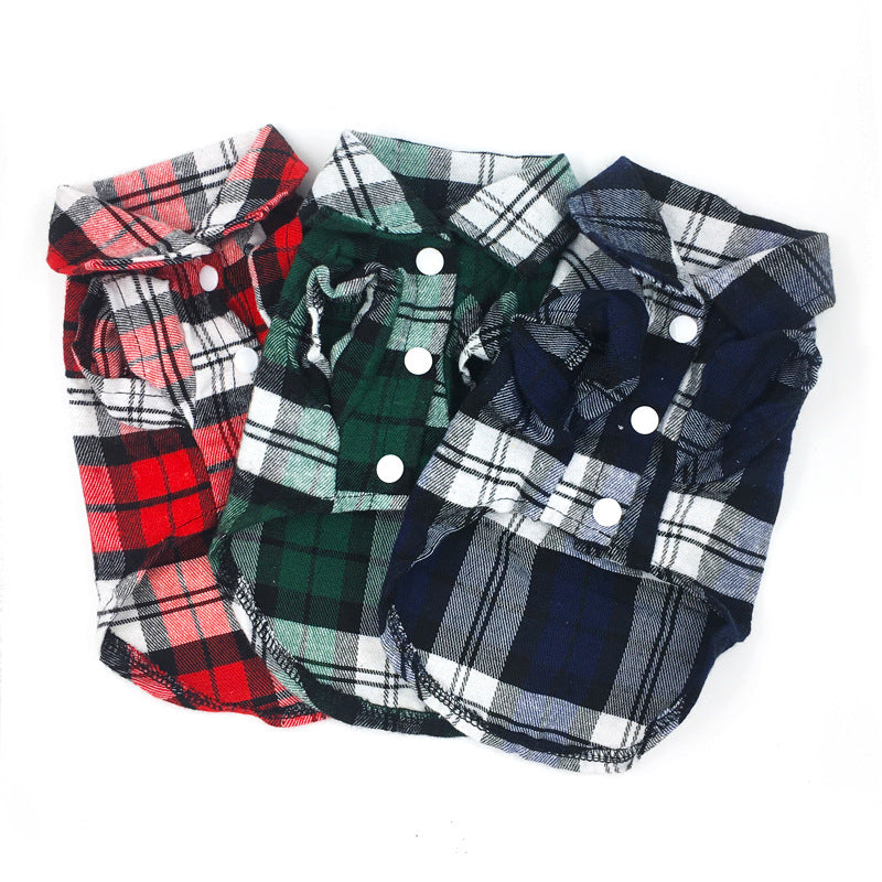 Three plaid dog shirts in red, green, and black on a white background
