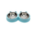 Pet bowl with two stainless steel compartments on a light blue base