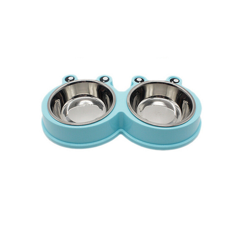 Pet bowl with two stainless steel compartments on a light blue base
