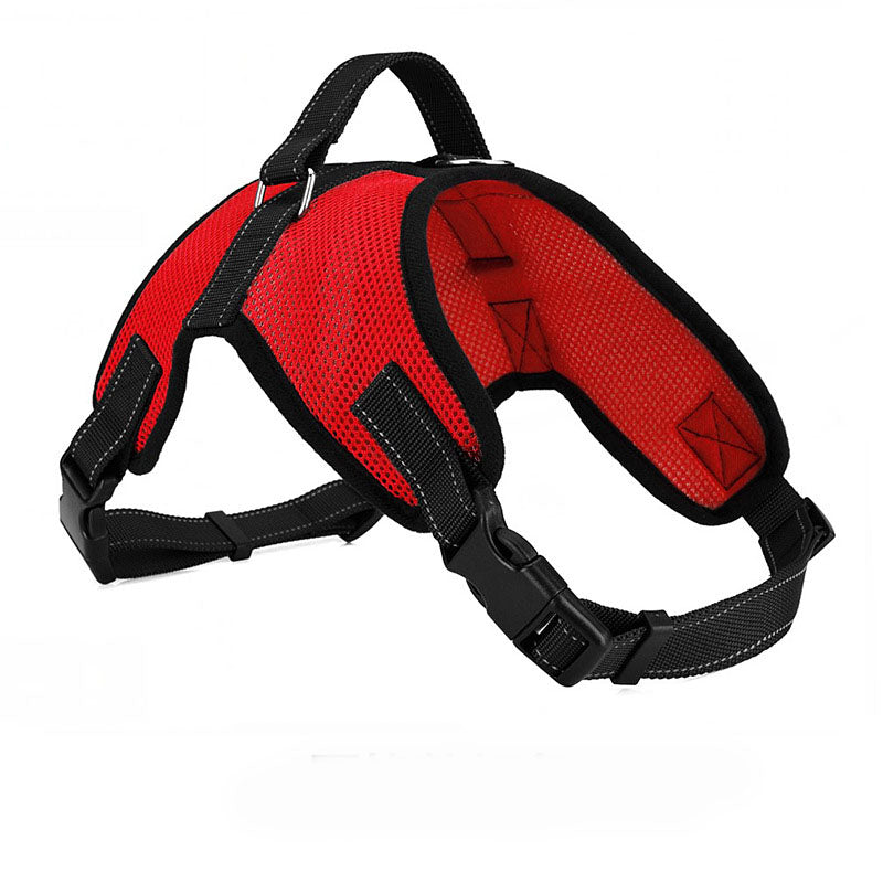 Red dog harness with black straps on a white background