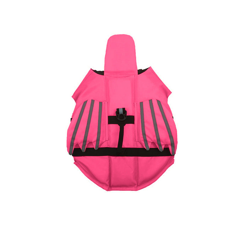 Pink dog life jacket with reflective stripes on a white background
