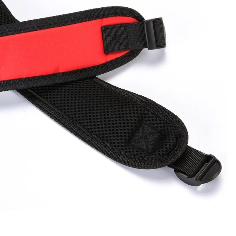Black and red strap with mesh padding on a white background