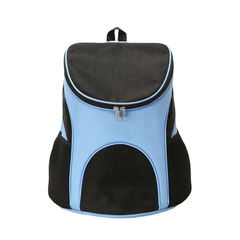 Pet carrier backpack with blue and black design on a white background