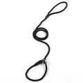 Black dog leash with a metal clip on a white background