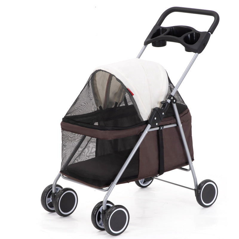 Pet stroller with a mesh cover on a white background