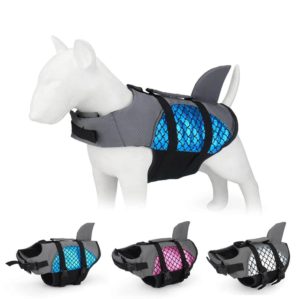 a model dog with a blue pet life jacket on and each colour blue, pink and silver on desplay below