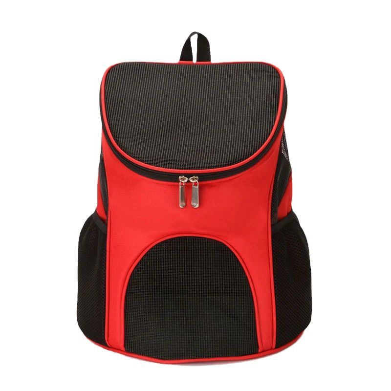 Red and black pet carrier backpack on a white background
