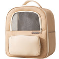 Beige pet carrier backpack with mesh window on a white background