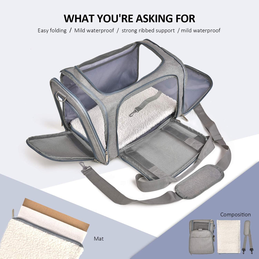 Gray pet carrier with mesh sides on a light blue background, featuring text about its features.