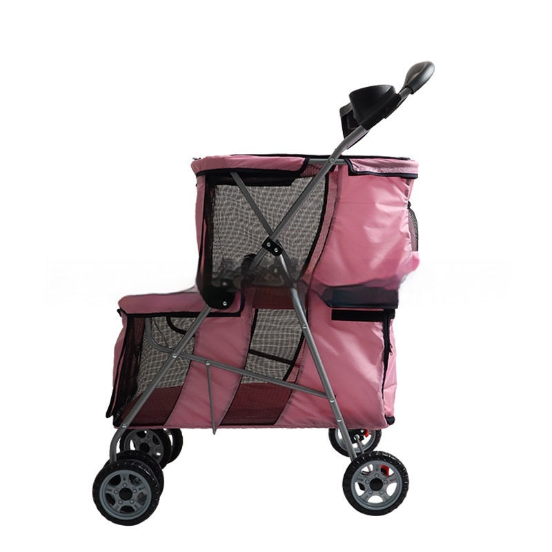 Pink pet stroller with gray accents on a white background