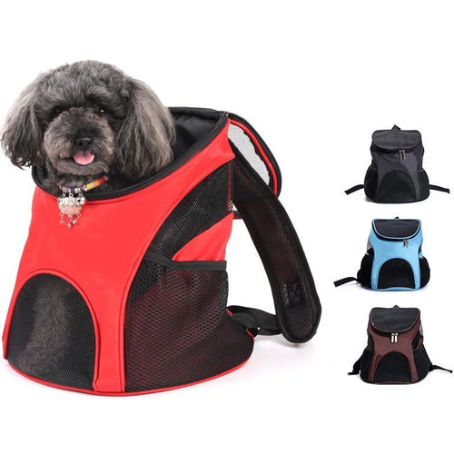 Dog in a red and black pet carrier with additional carriers in different colors on a white background