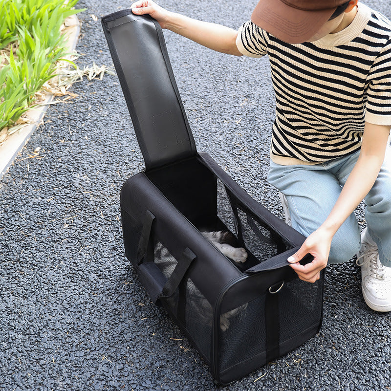 Person opening a black pet carrier on a paved surface with a cat inside