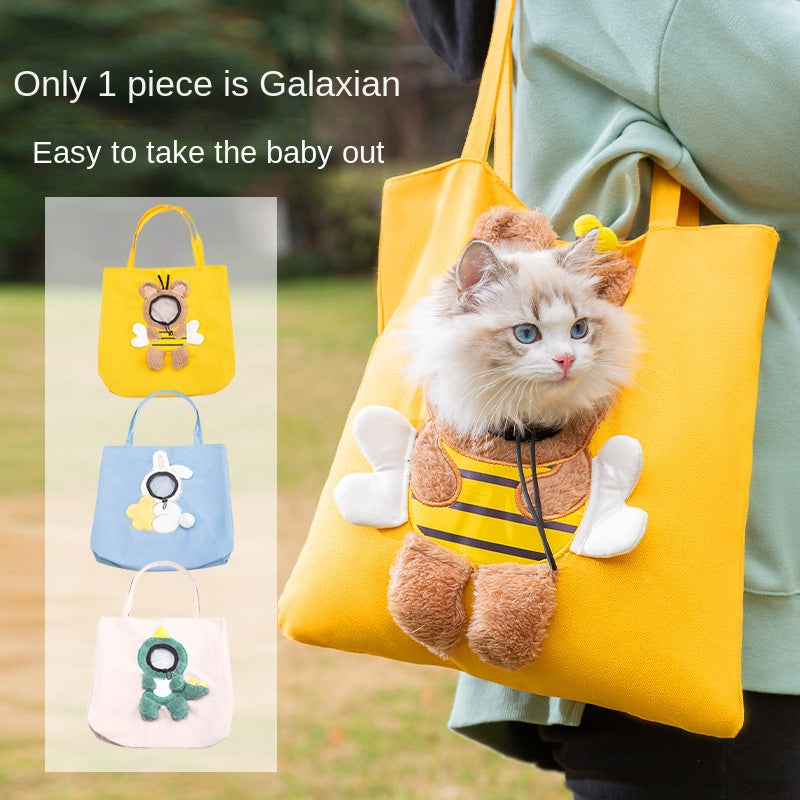 Yellow bag with a cat in a bee costume, with inset images of other bags.