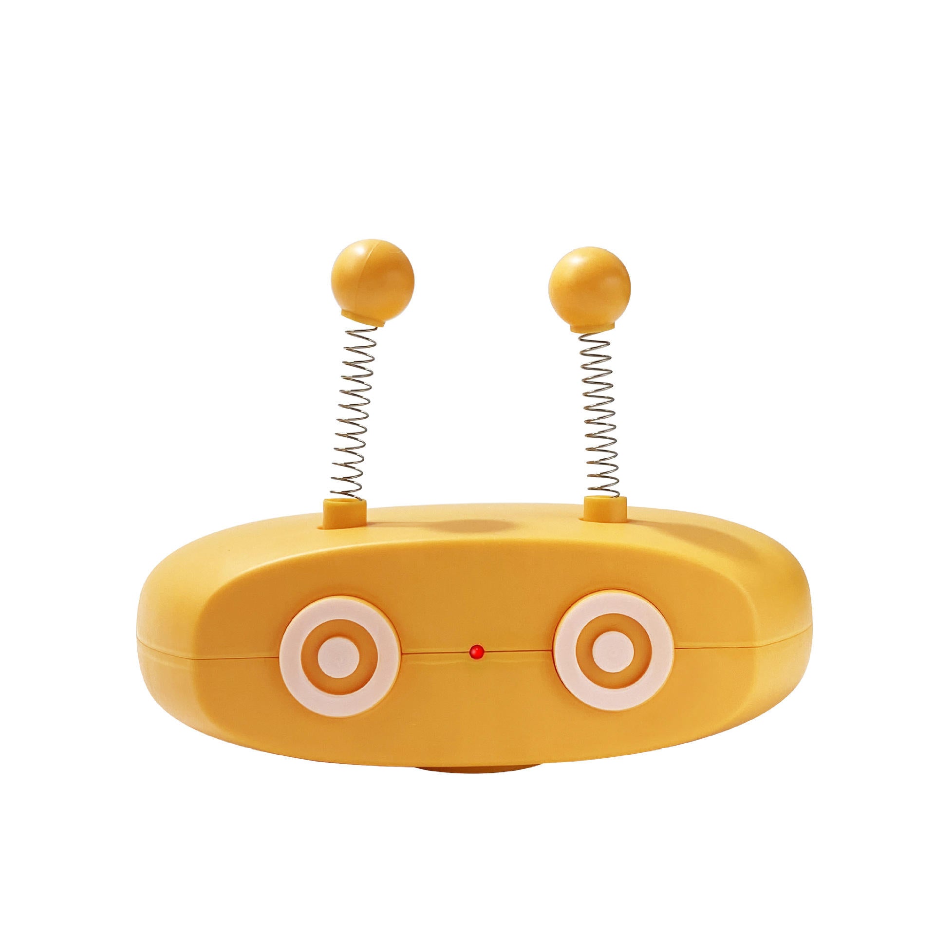 Yellow toy with spring-loaded antennas on a white background