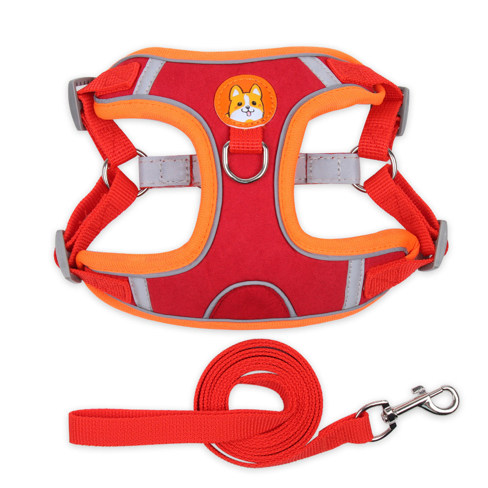 Red and orange dog harness with a leash on a white background