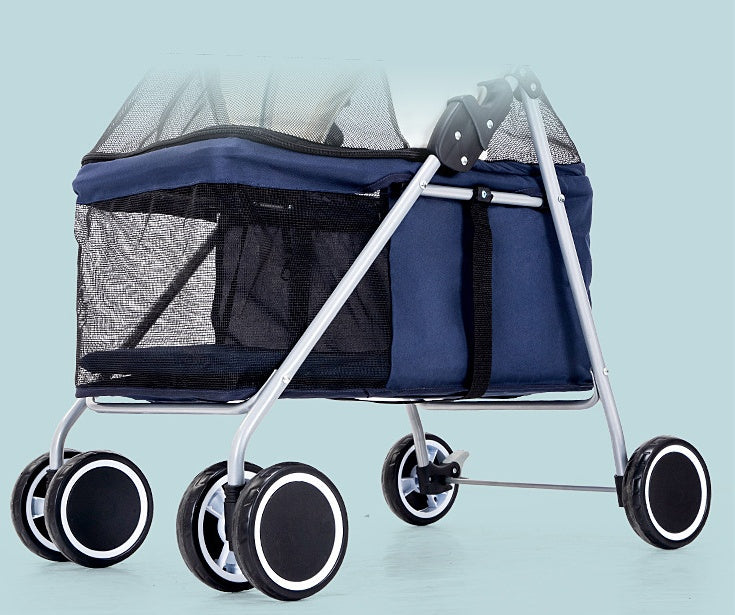 Pet stroller with blue mesh cover and white frame on a light blue background