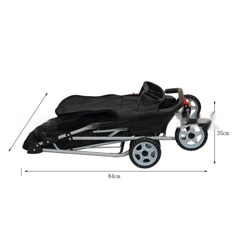Black baby stroller with dimensions indicated on a white background